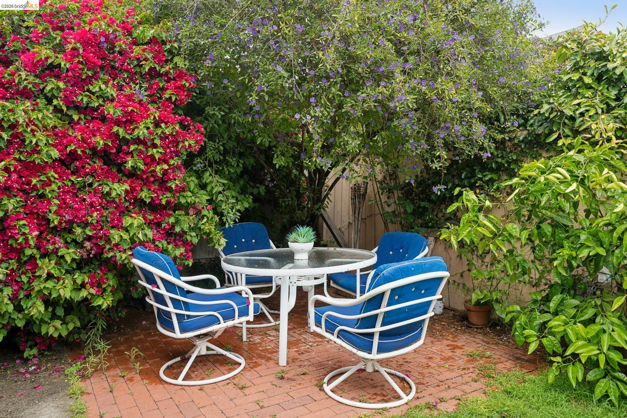 892 Laurel Street Alameda, CA 94501 - Photo 41 of 45 Brick paver patio featuring vibrant bougainvillea, varied foliage, and a perimeter fence
