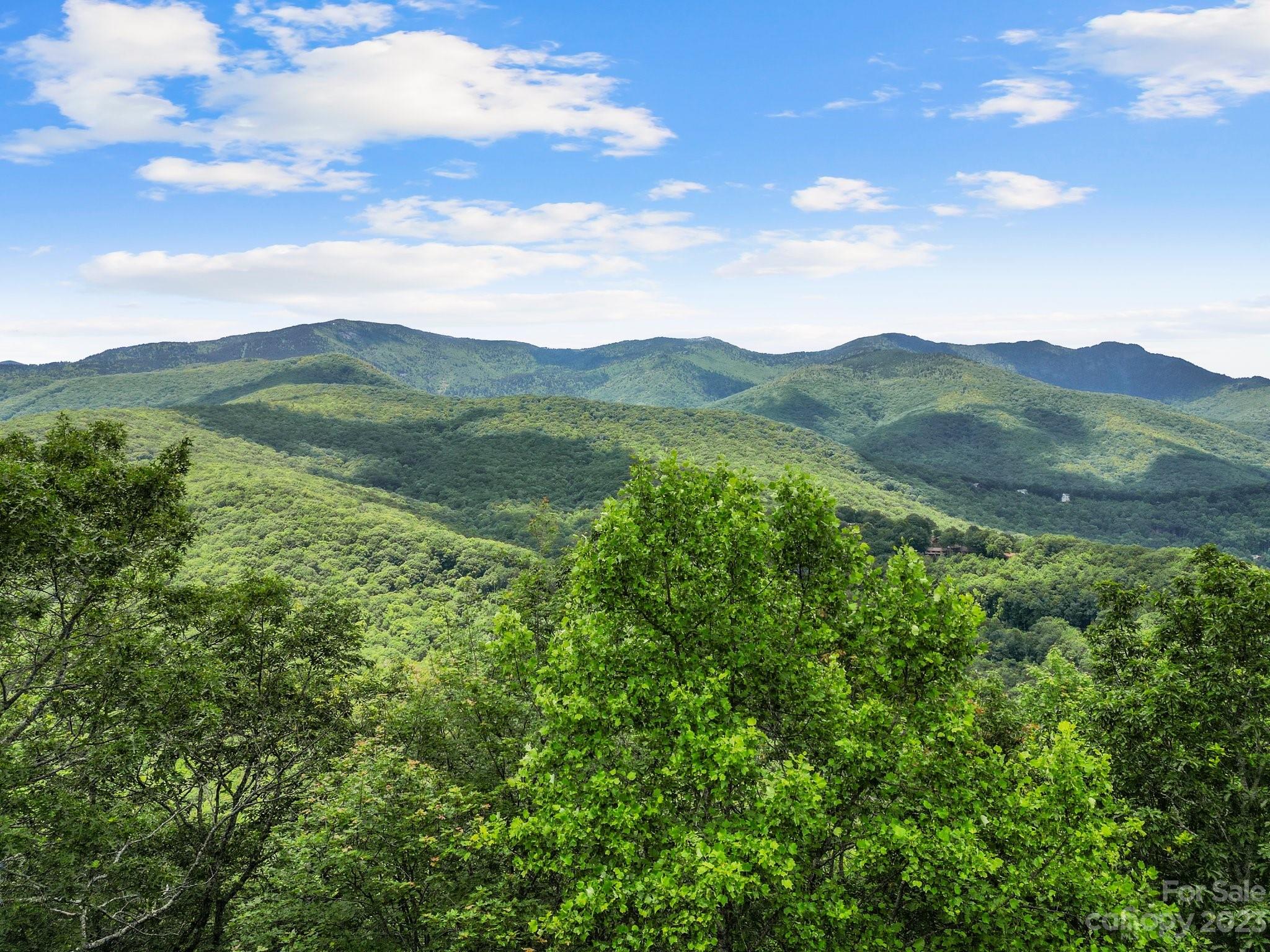 a view of a mountain range with lush green forest