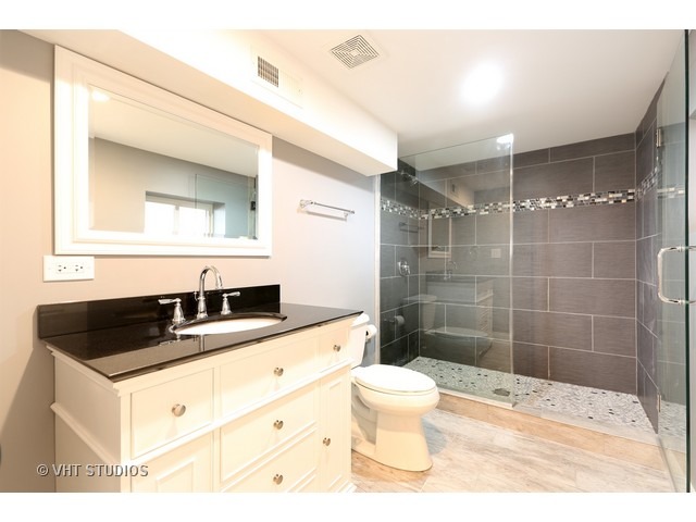 570 Byrd Road Riverside, IL 60546 - Photo 12 of 16 a bathroom with a granite countertop sink a toilet a mirror and shower
