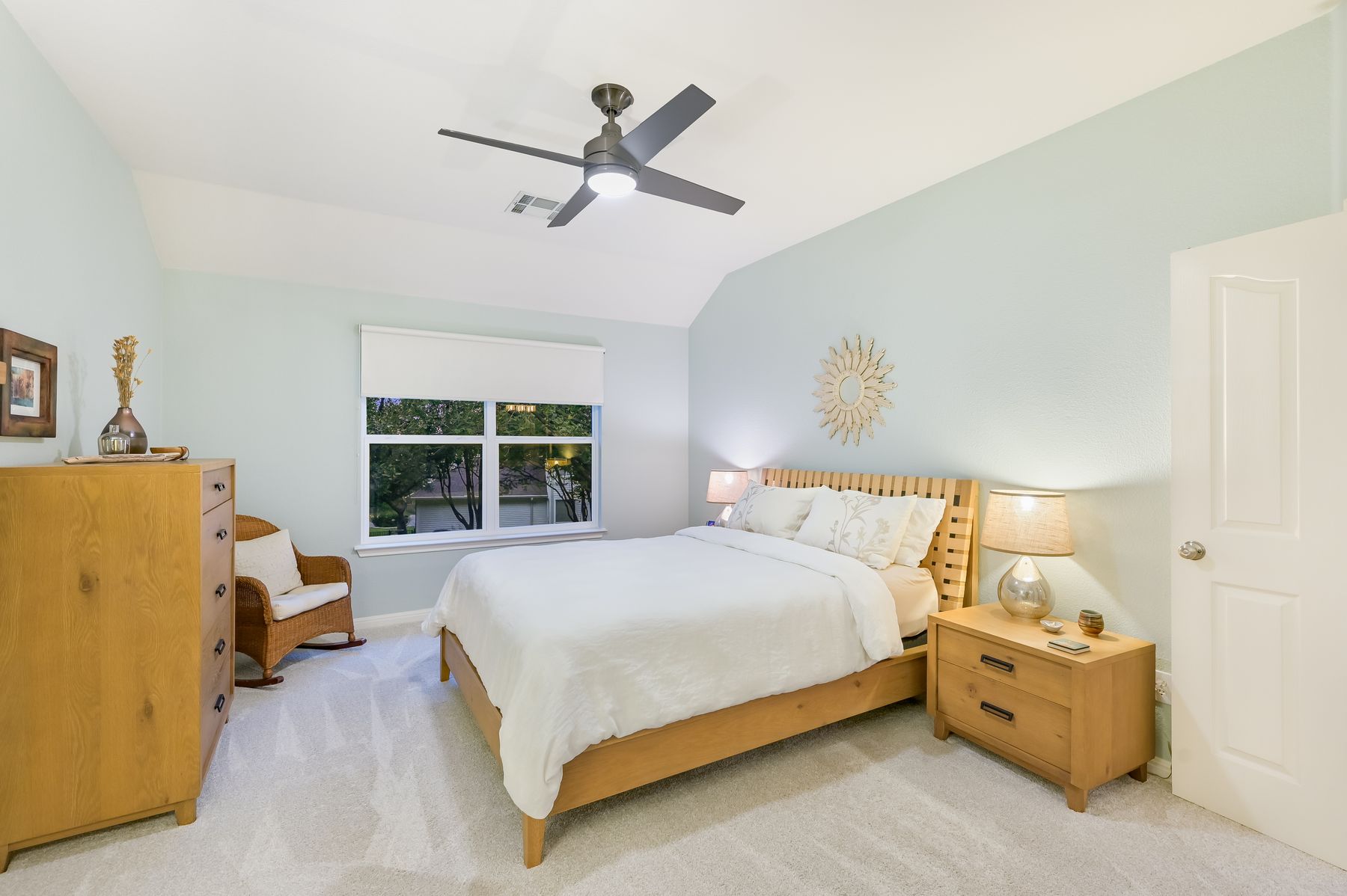 300 River Ridge Drive Georgetown, TX 78628 - Photo 14 of 32 Bedroom with carpet floors, vaulted ceiling, and a ceiling fan