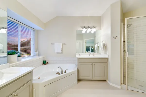 a bathroom with a tub sink and mirror