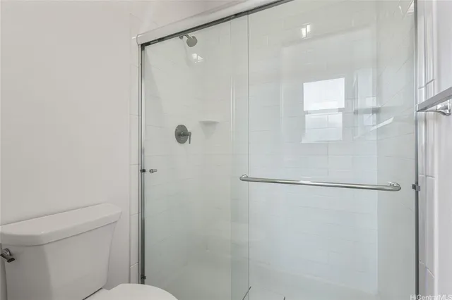 a bathroom with a shower and a toilet
