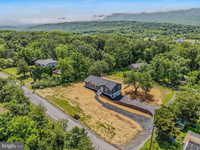 an aerial view of a residential houses with outdoor space and trees