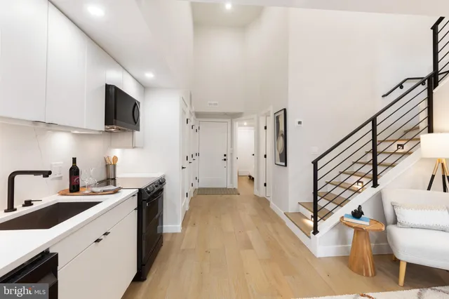 a kitchen with a stove and a microwave