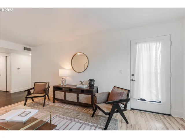 a living room with furniture a rug potted plant and a window