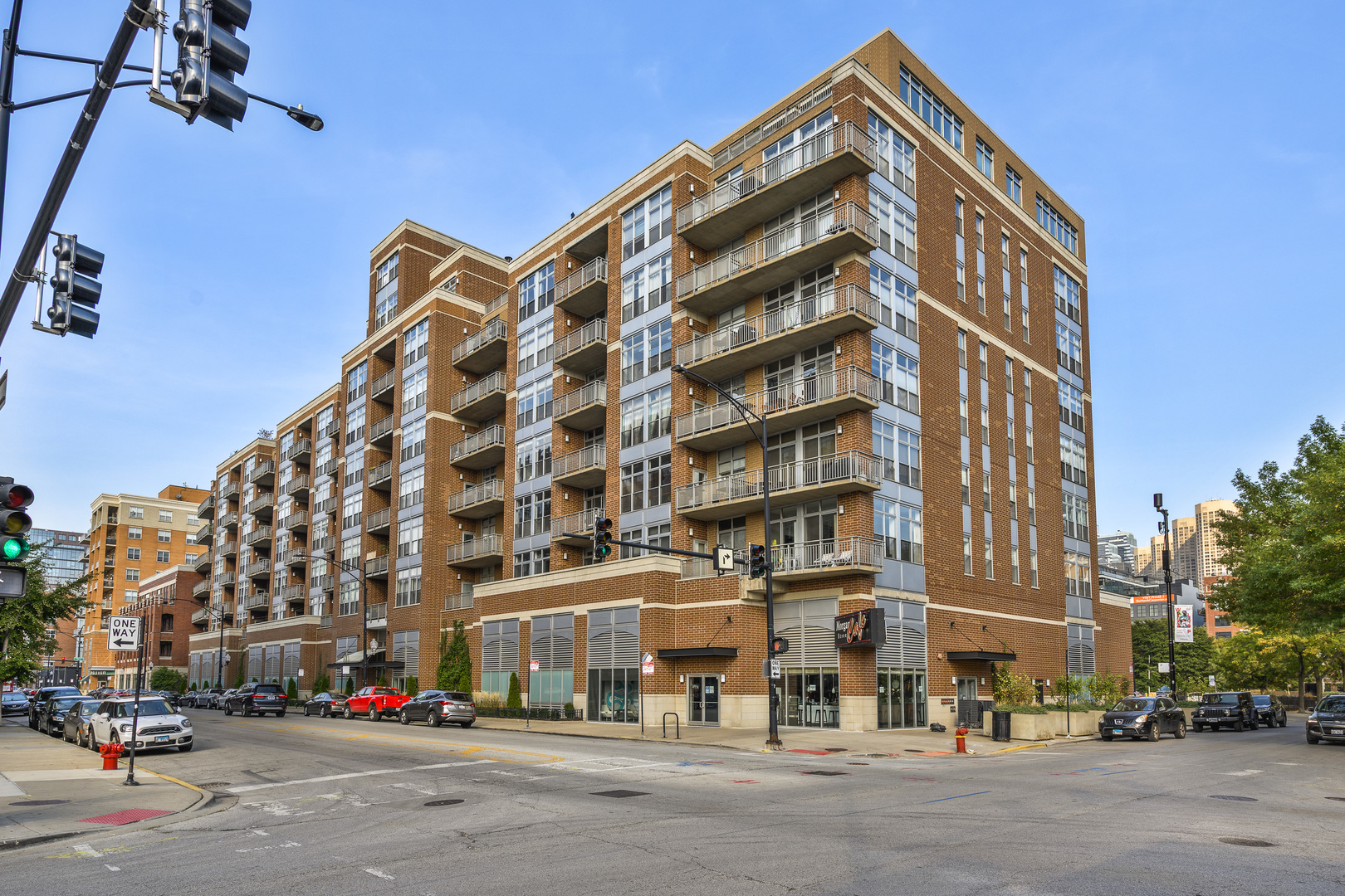 a view of a building and a street