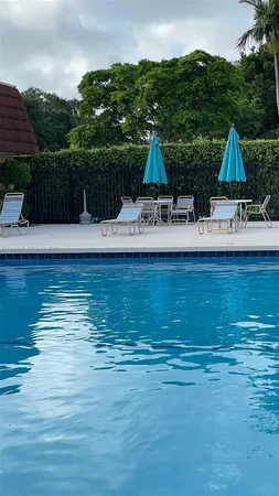 a view of swimming pool with lawn chairs plants and large trees