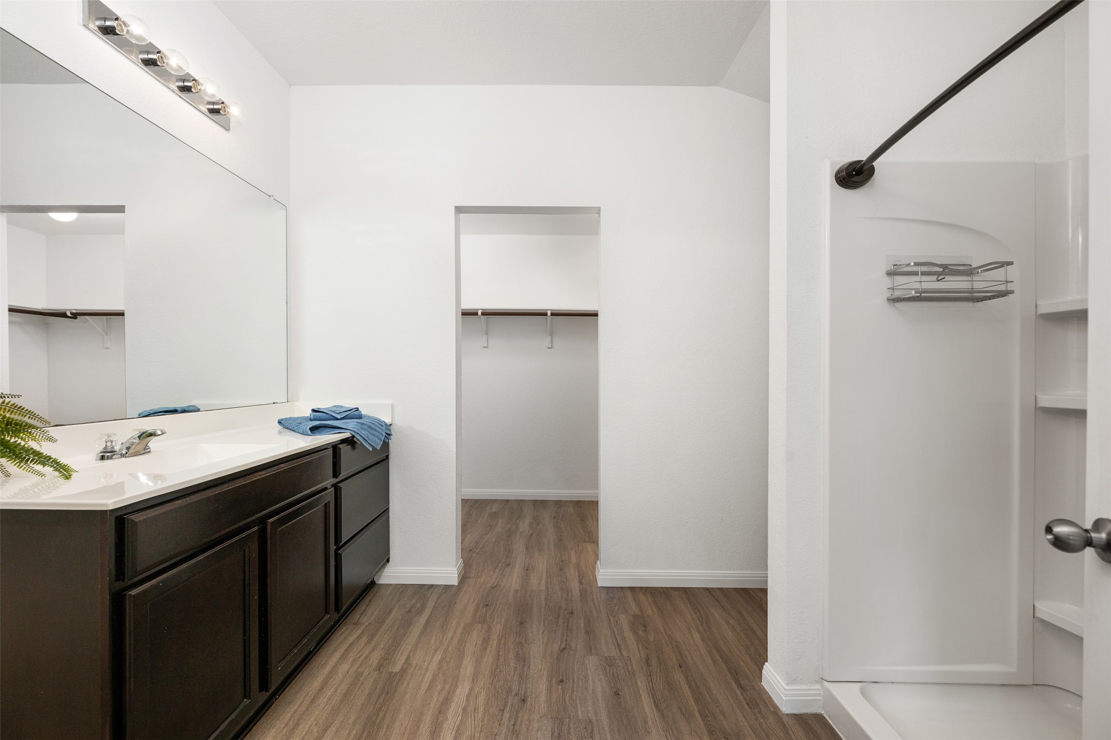 14900 Retha Pass Austin, TX 78725 - Photo 19 of 39 Bathroom featuring a dark wood-finish vanity with a white countertop and integrated sink