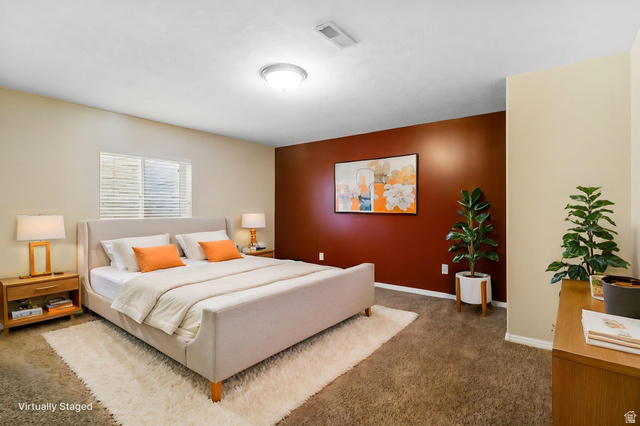 1417 Blacksmith Lane Draper, UT 84020 - Photo 30 of 57 Carpeted room featuring a window with blinds, a contrasting accent wall, and a ceiling-mounted light fixture