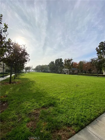 a view of a green field with trees