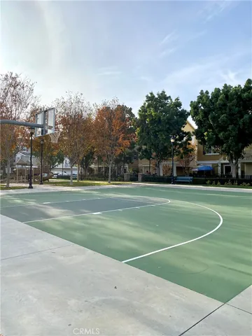a view of a tennis ground with large trees