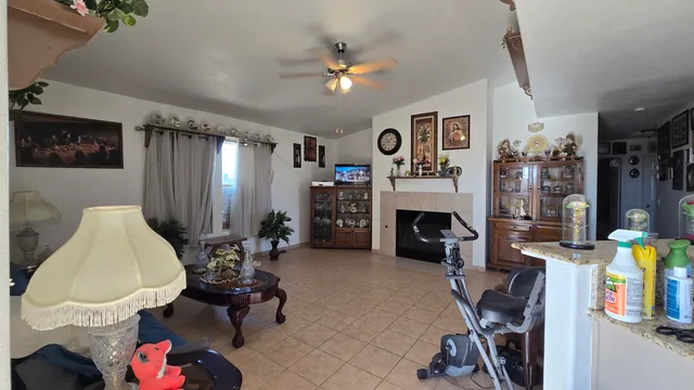 a living room with furniture and a fireplace