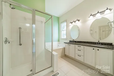 a bathroom with a double vanity sink mirror and shower