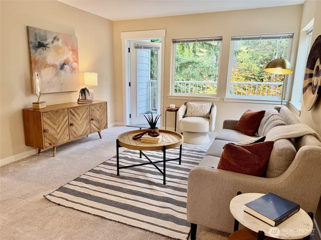 a living room with furniture and a black rug