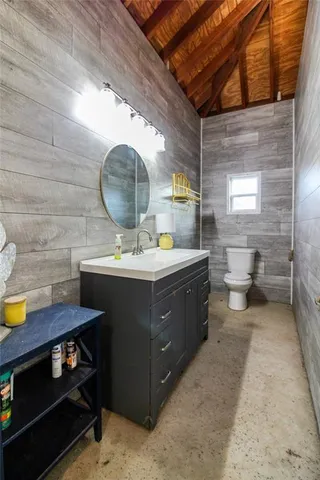 a bathroom with a sink vanity and a toilet