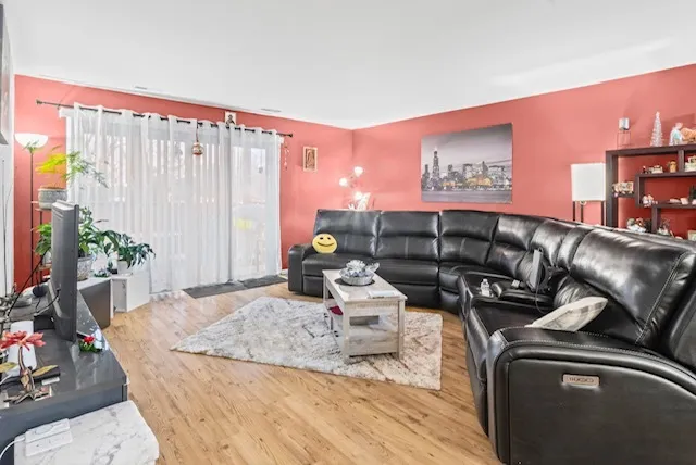 a living room with furniture and a potted plant