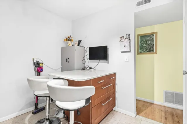 a living room with a sink and a potted plant