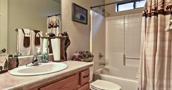 a bathroom with a granite countertop sink toilet and shower