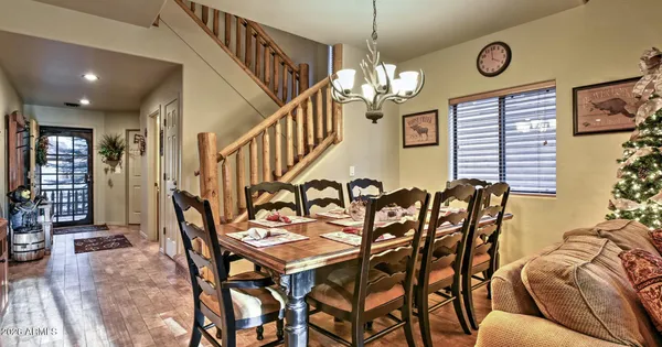 a view of a dining room with furniture