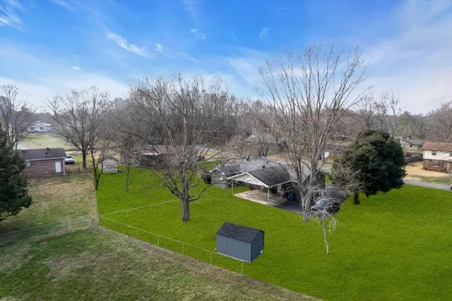 a view of a park with large trees