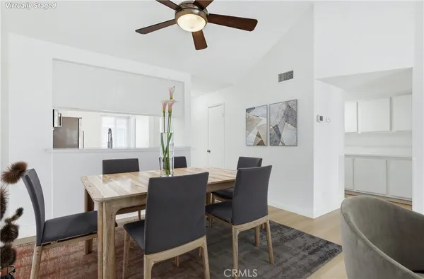 a view of a dining room with furniture