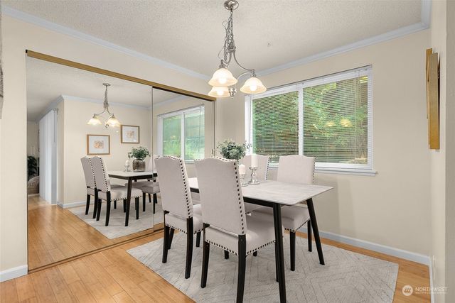 a view of a dining room with furniture window and outside view