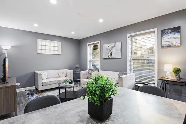 a living room with furniture potted plant and a window
