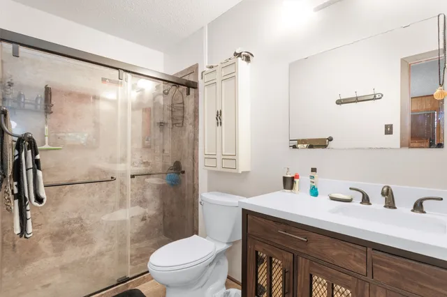 a bathroom with a sink toilet vanity and shower