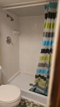 a bathroom with a toilet and a shower curtain