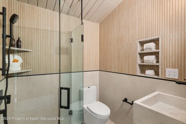 a bathroom with a toilet and a shower