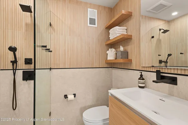 a bathroom with a sink a toilet and shower