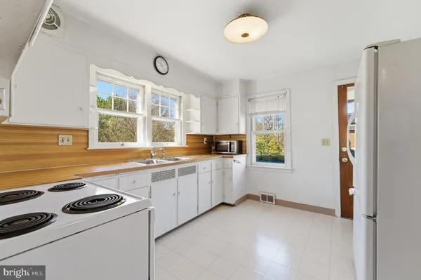 a kitchen with a stove and a window