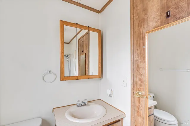 a bathroom with a toilet sink vanity shower and mirror