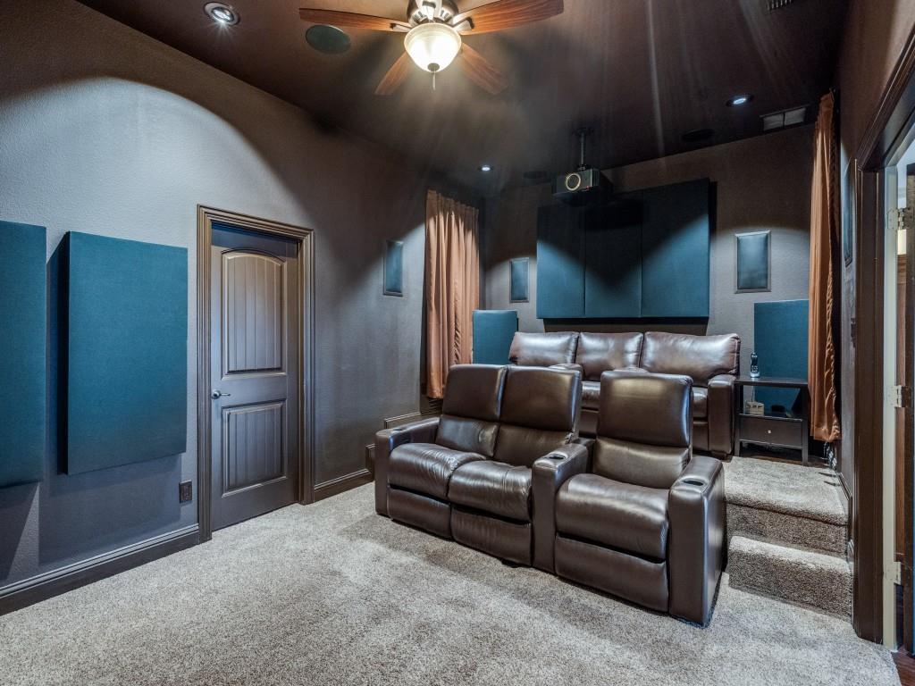 519 Gene Autry Lane Murphy, TX 75094 - Photo 12 of 25 Home theater featuring carpet, a ceiling fan, and recessed lighting