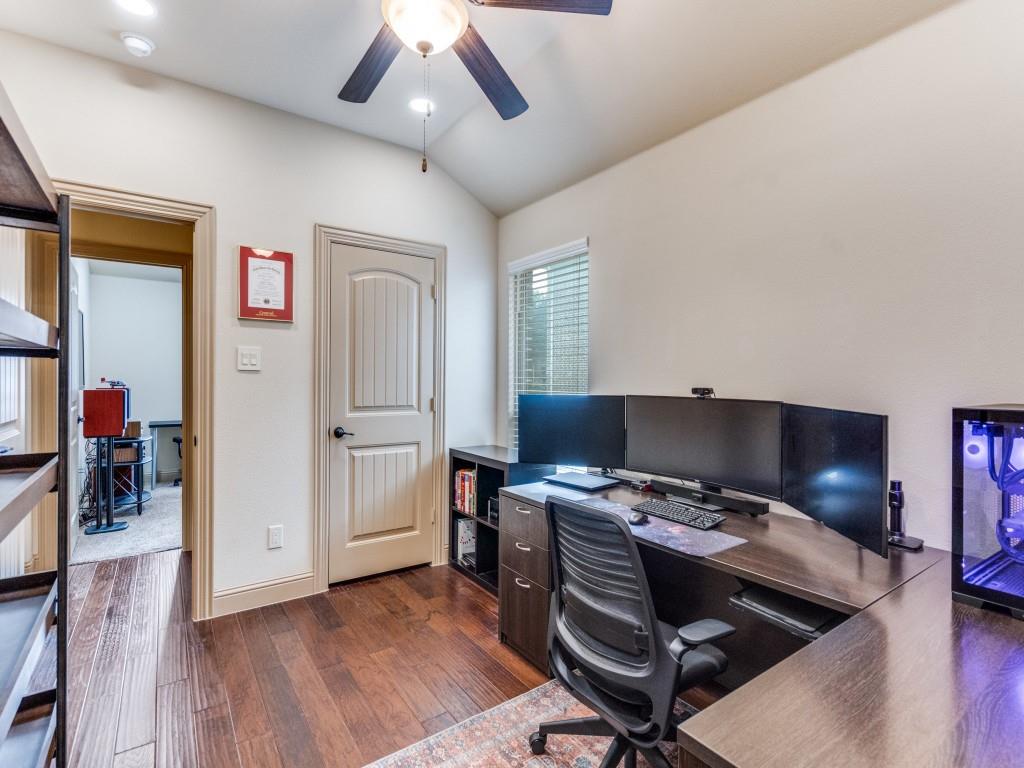 519 Gene Autry Lane Murphy, TX 75094 - Photo 17 of 25 Office space with dark wood finished floors, lofted ceiling, and ceiling fan