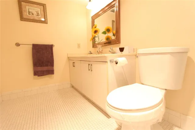 a bathroom with a toilet sink and mirror