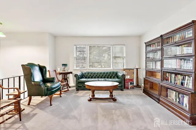 a living room with furniture and a book shelf