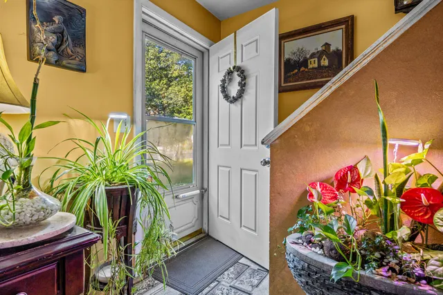 a vase of flowers sitting on a table with a potted plant