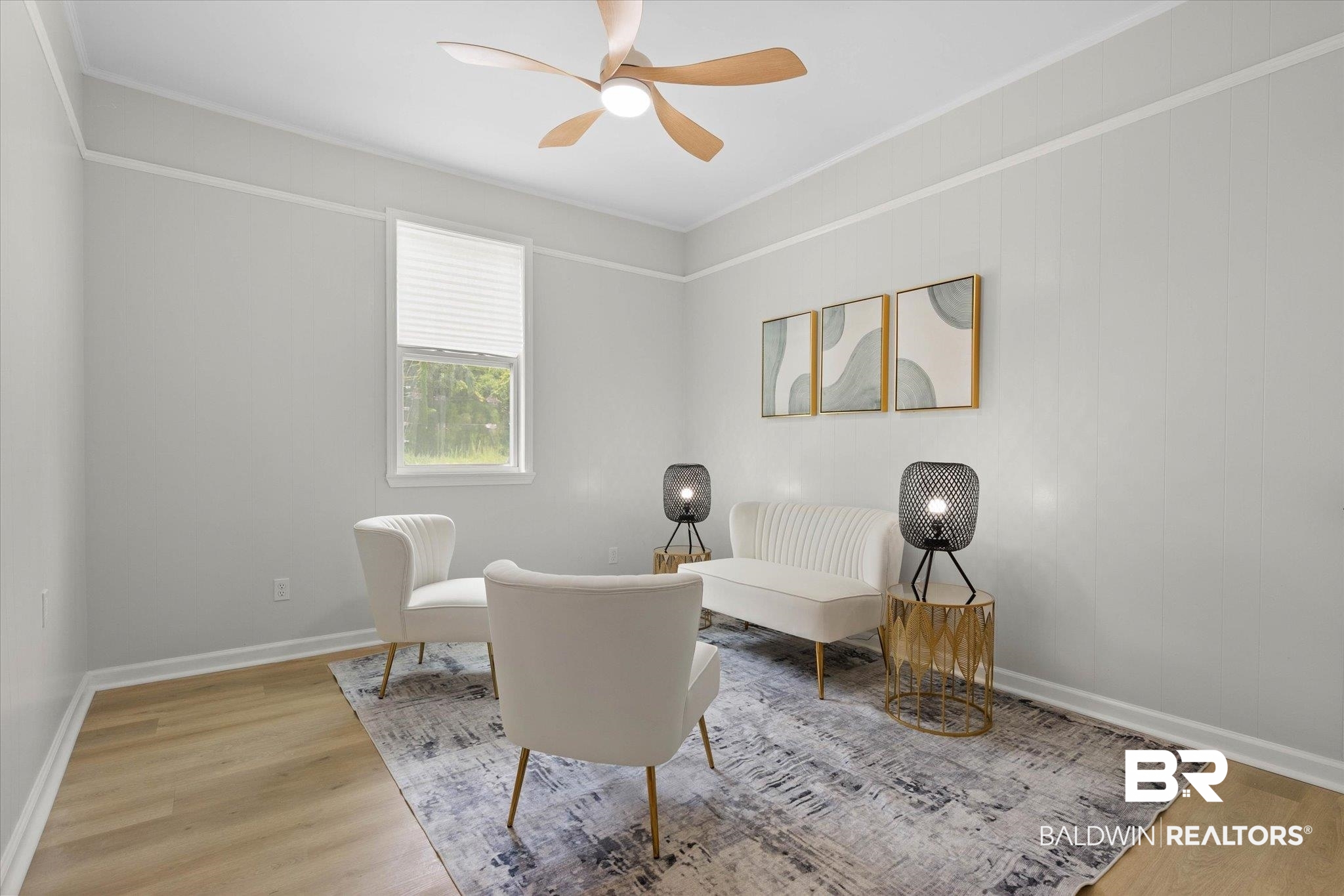 3512 Spring Hill Avenue Mobile, AL 36608 - Photo 11 of 20 Living area with wood finished floors, a ceiling fan, and ornamental molding