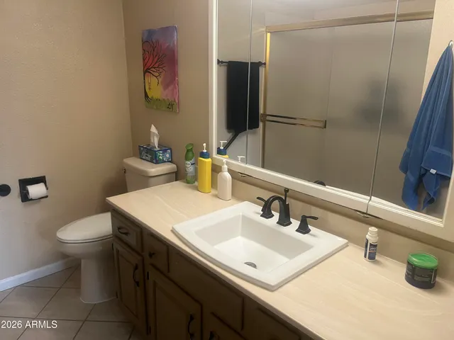 a bathroom with a sink toilet and mirror