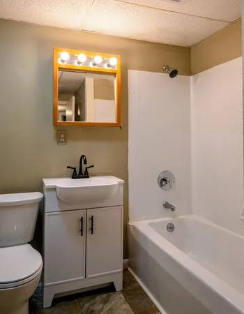 a bathroom with a sink toilet and mirror