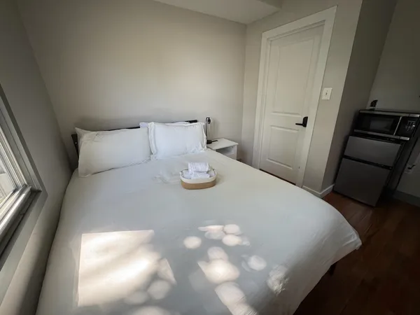 a close up of a bed