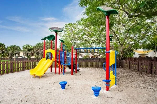 a view of a park with swings and slides