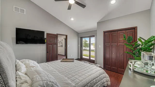 a balcony with wooden floor