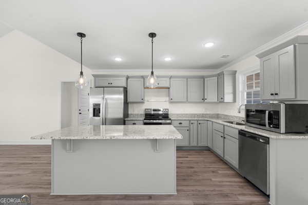 912 Ryegrass Road Statesboro, GA 30458 - Photo 5 of 19 a kitchen with stainless steel appliances kitchen island granite countertop a stove a sink and a refrigerator
