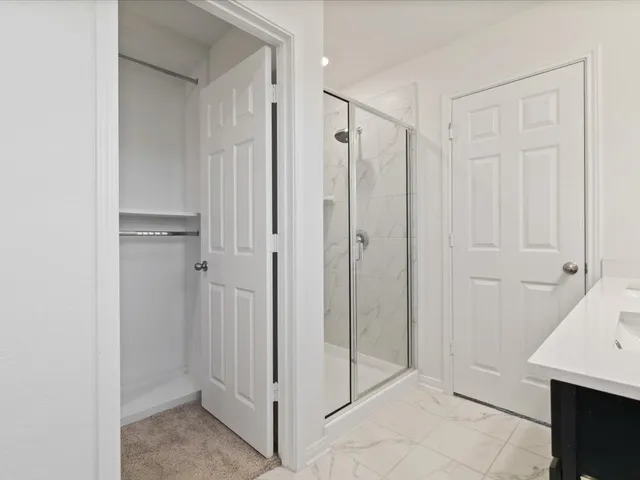 a bathroom with a shower and a sink