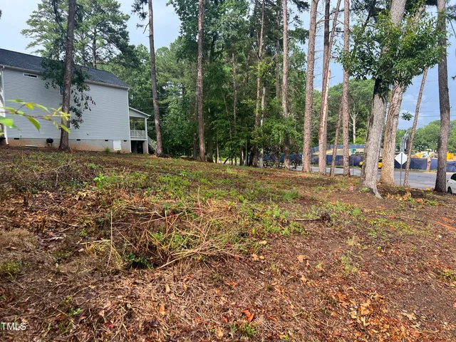 a view of a backyard with large trees