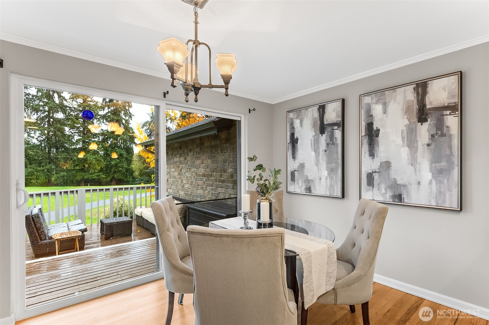 6524 Northeast 171st Place Kenmore, WA 98028 - Photo 10 of 35 a dining room with furniture a chandelier and wooden floor