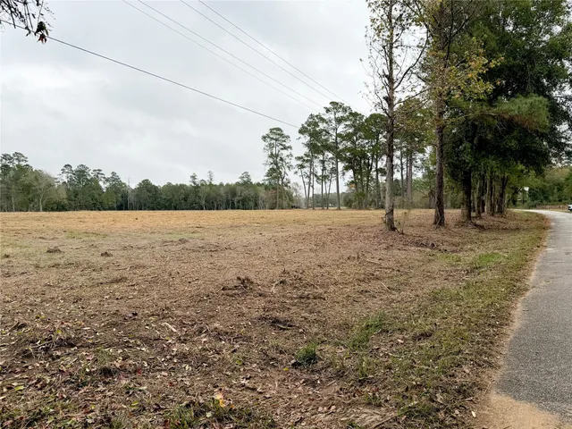 a view of dirt field with trees in the background