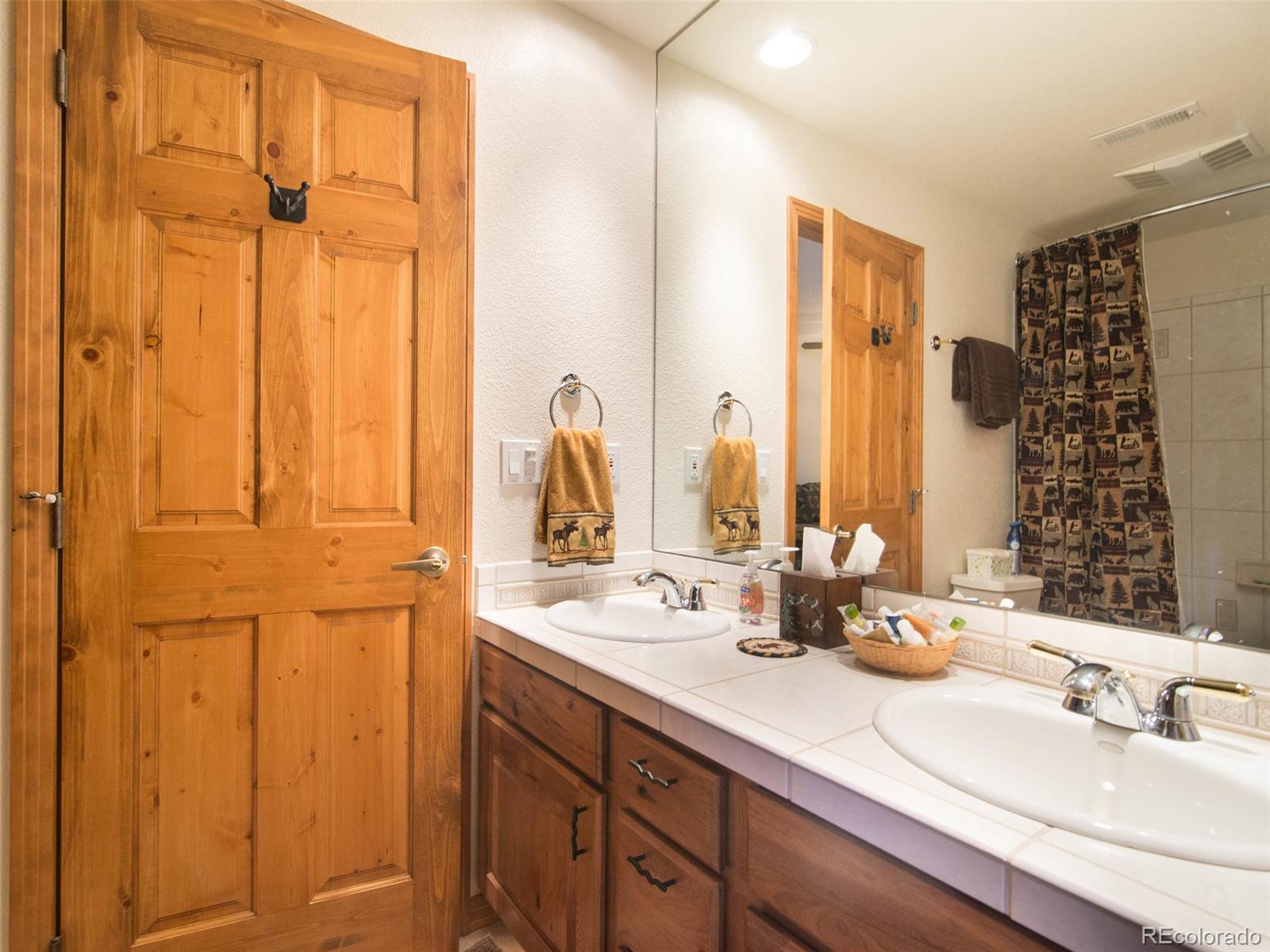 850 Royal Ridge Drive Bailey, CO 80421 - Photo 28 of 35 a bathroom with a double vanity sink a mirror and a shower